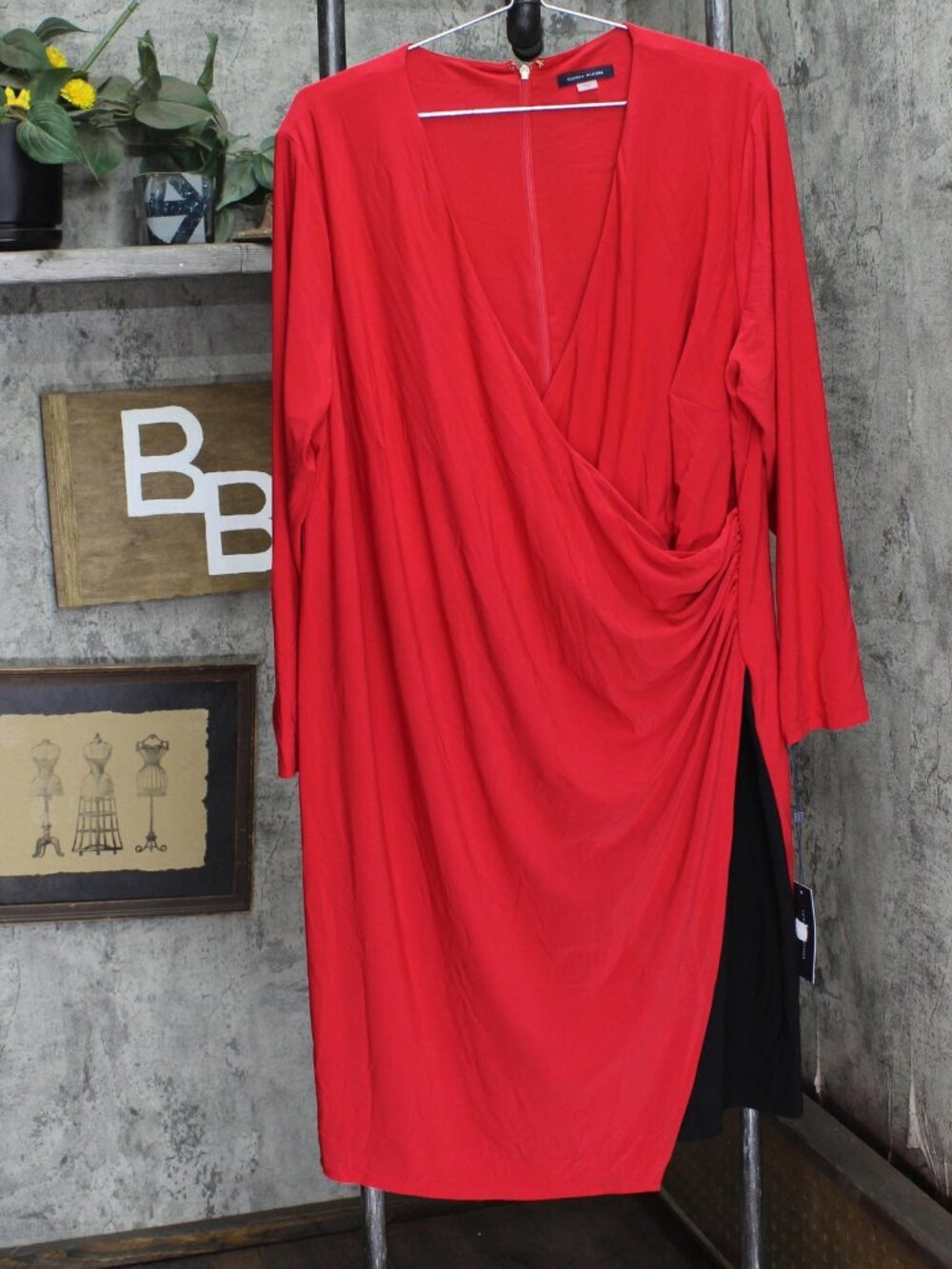 Tommy Hilfiger Red Tommy Hilfiger Plus Faux Wrap Asymmetric Sheath Sz FAUX